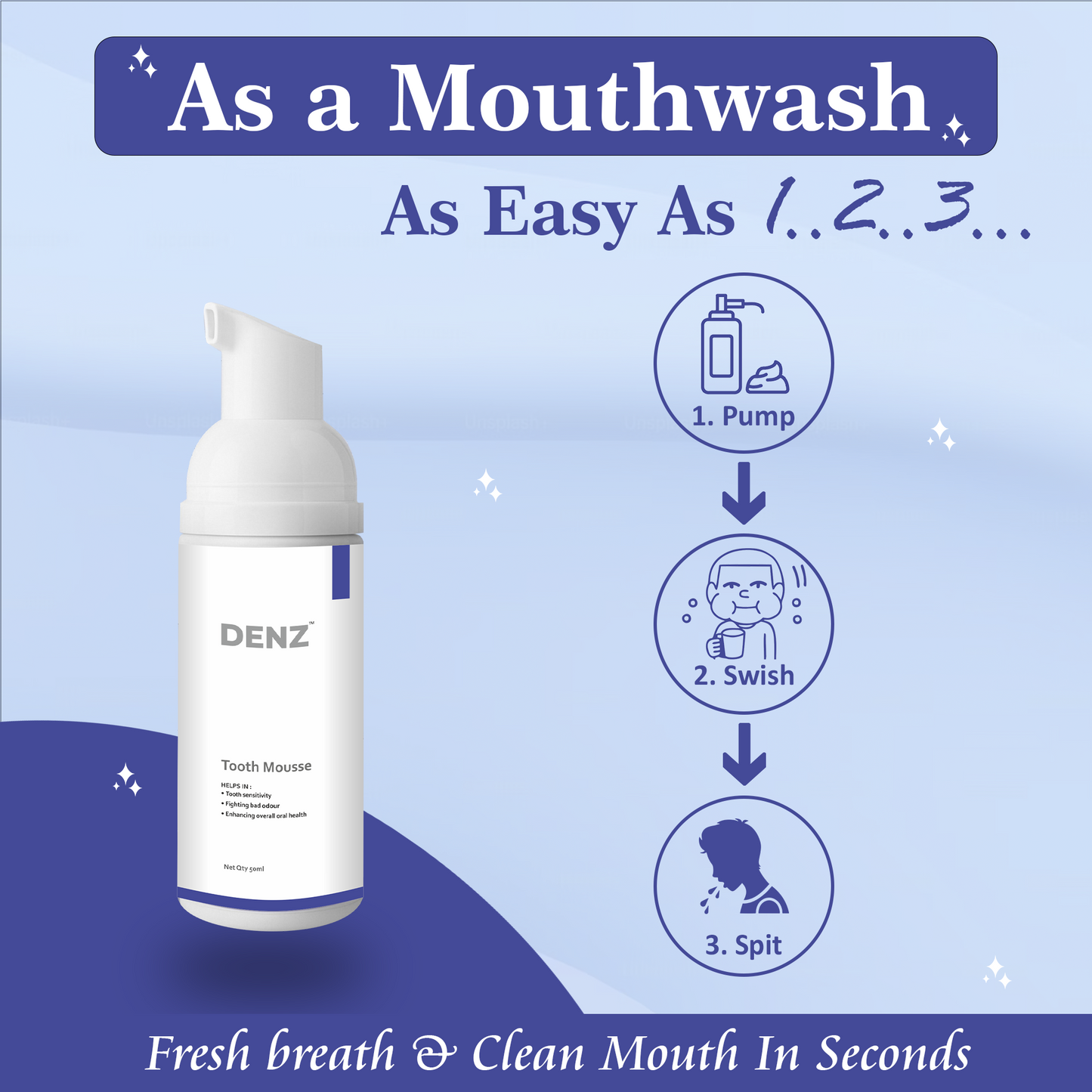 DENZ tooth mousse bottle with usage instructions on a blue background