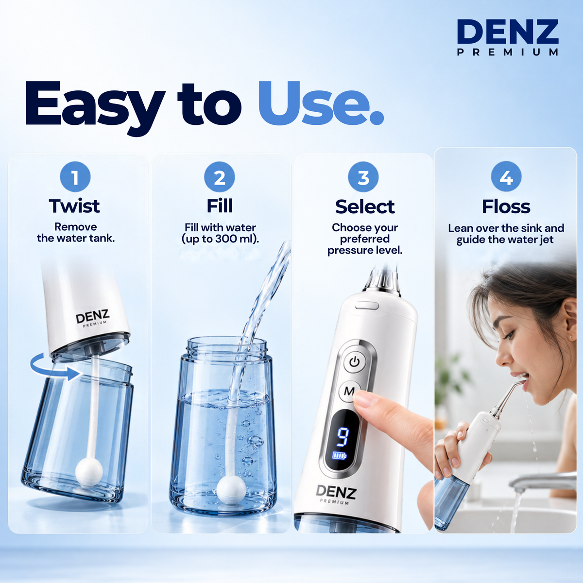 DENZ Premium Cordless Water Flosser, 300 ml Tank