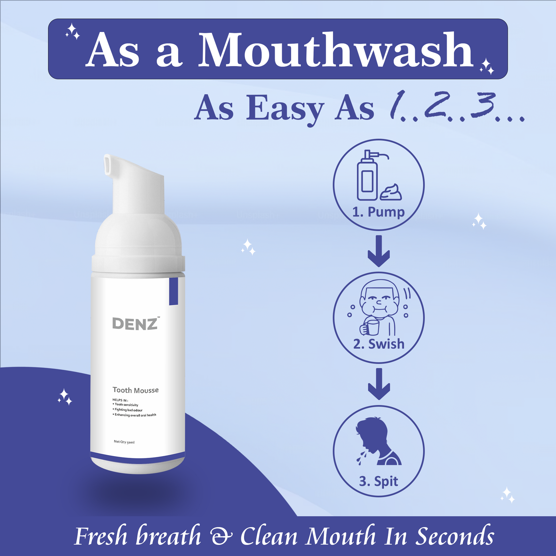 DENZ tooth mousse bottle with usage instructions on a blue background