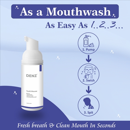 DENZ tooth mousse bottle with usage instructions on a blue background