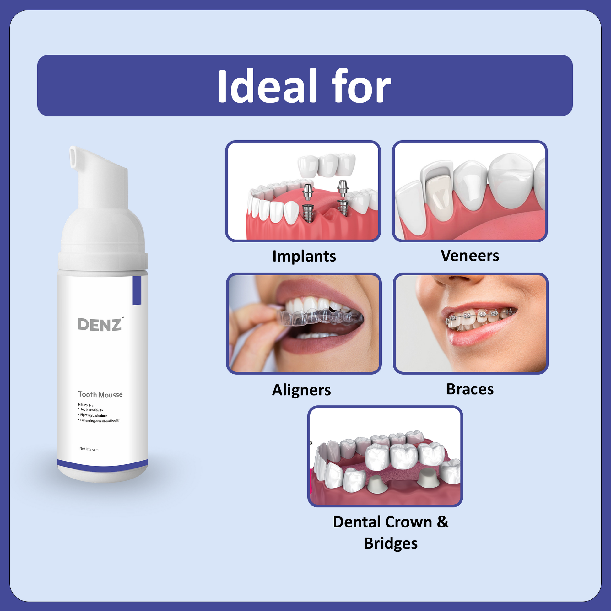DENZ toothpaste bottle with dental care applications on a blue background