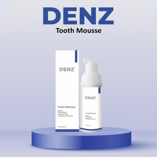 DENZ Tooth Mousse packaging on a blue platform with a light blue background