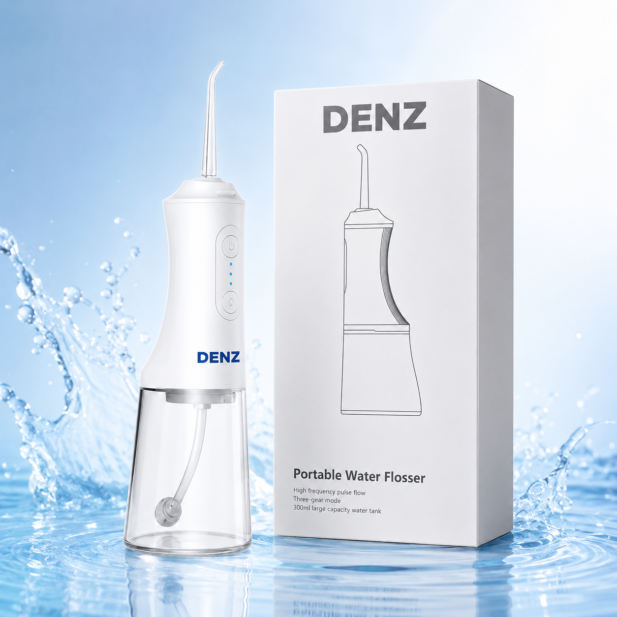 A white and clear portable water flosser shown next to its white retail box, with a blue water-splash background. The product and packaging both display the brand name DENZ.