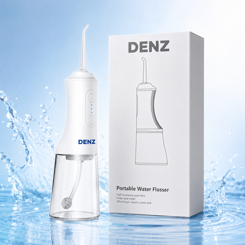 A white and clear portable water flosser shown next to its white retail box, with a blue water-splash background. The product and packaging both display the brand name DENZ.