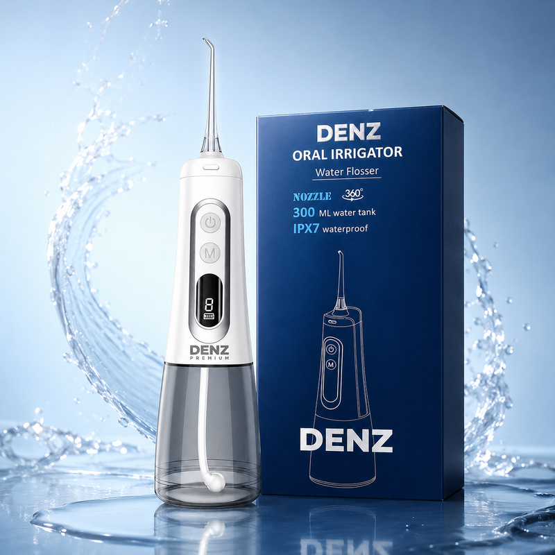 A white and clear Denz Oral Irrigator water flosser stands beside its dark blue retail box on a glossy blue surface with water splash graphics in the background.