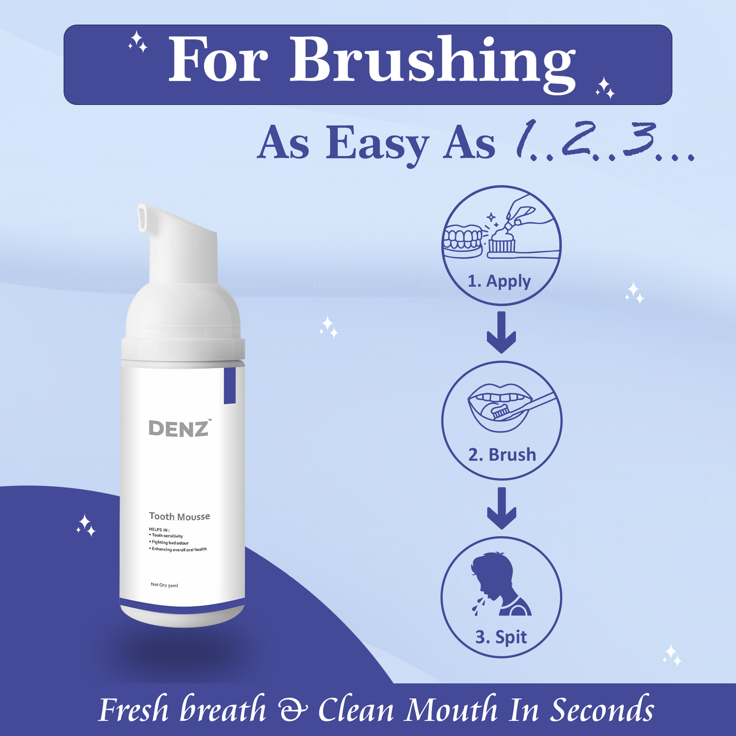 DENZ tooth mousse bottle with brushing instructions on a blue background